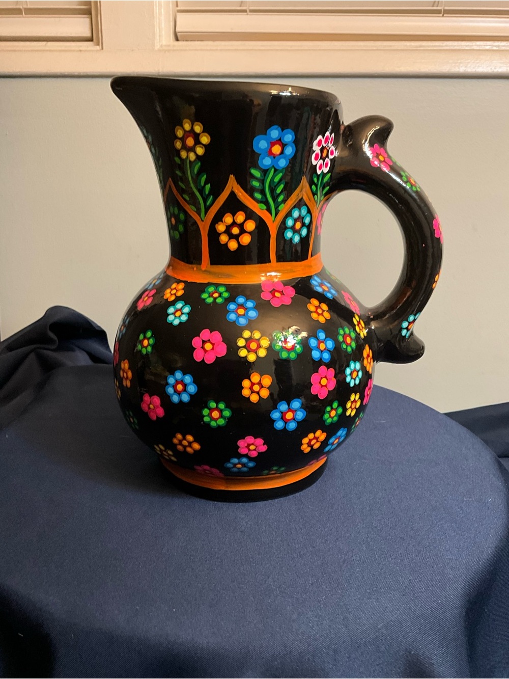 Hand-Painted Black Floral Ceramic Pitcher - Colorful Flower Design